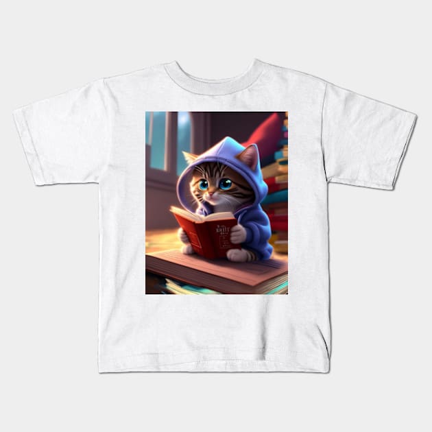 Cute cat reading a book Kids T-Shirt by BrisaArtPrints